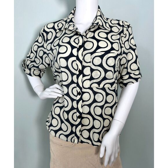Zara Retro Mod Geometric Swirl Print Button Down Shirt Navy & Cream size Small - Picture 1 of 8